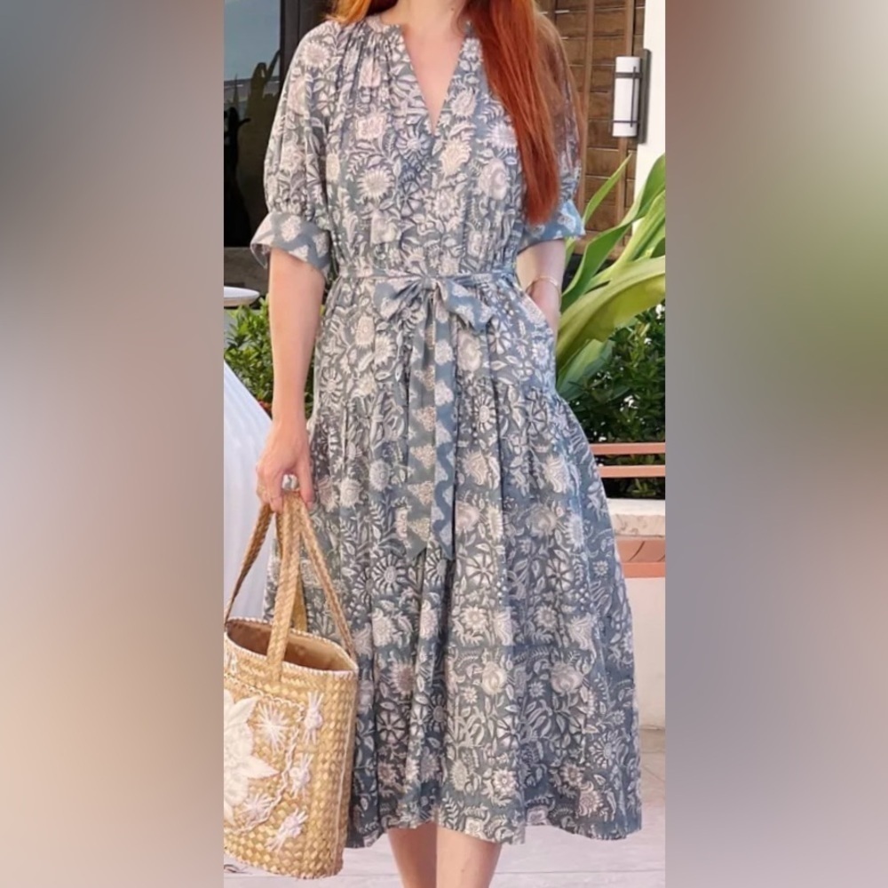 Marea The House Dress Blue Modern Floral Cotton Midi Prairie Cottagecore Summer